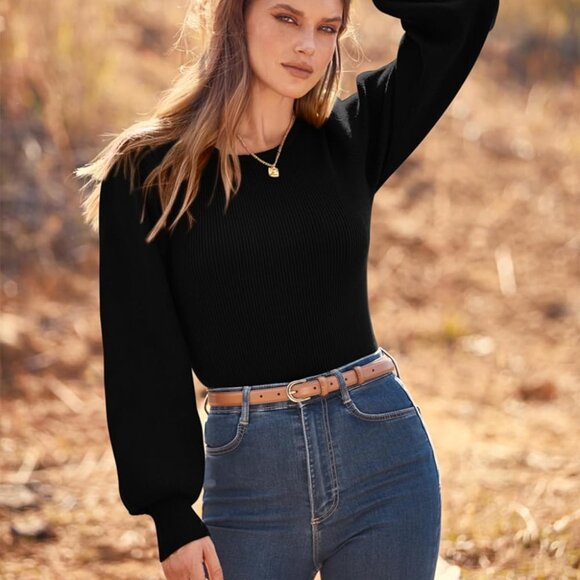 Long Puff Sleeve Sweaters for Women 2025 Fall Winter Crewneck Knit Ribbed Bodysu - Picture 3 of 5